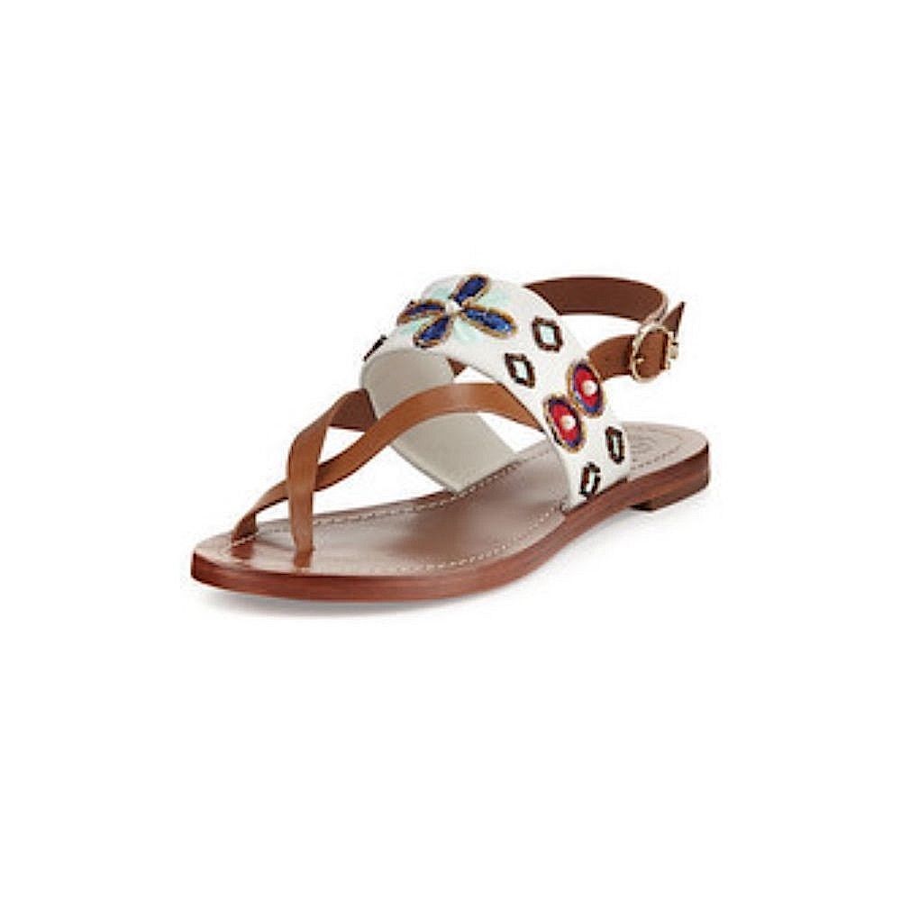 Tory Burch Estella Embellished Flat Sandal in Leather & White Satin Size 10.5